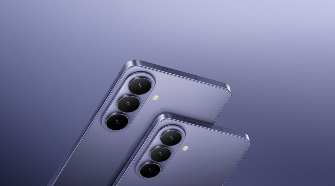 Two lavender smartphones with triple-camera backs shown from the rear, set against a purple gradient background.