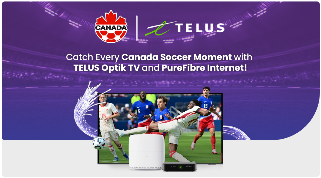 Promotional banner for TELUS and Canada Soccer showing a soccer match on a TV with a white router and a black set-top box in front.