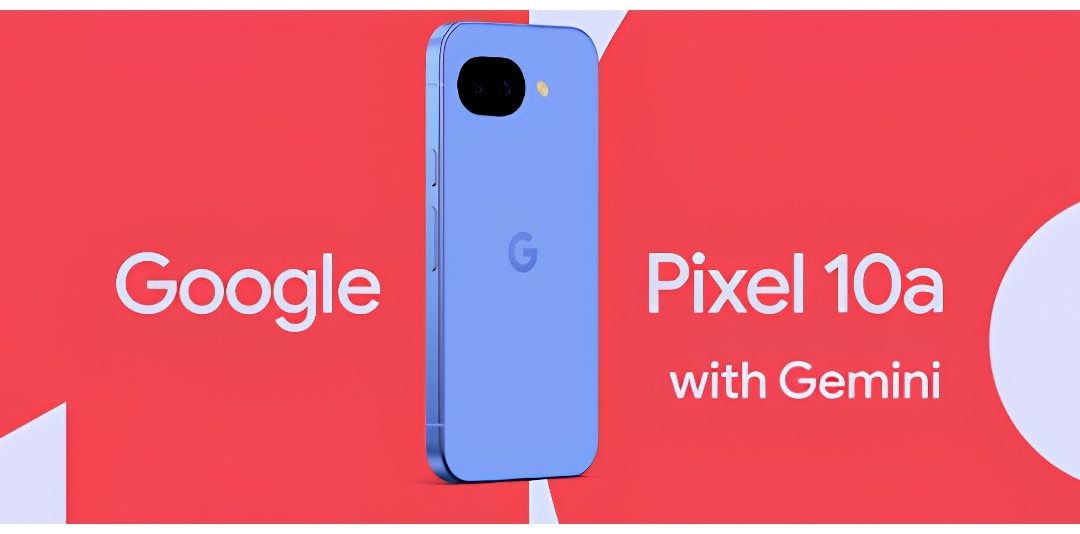 Blue Google Pixel 10a phone standing vertically on a red promotional background with the words 'Google' and 'Pixel 10a with Gemini' visible in white text.