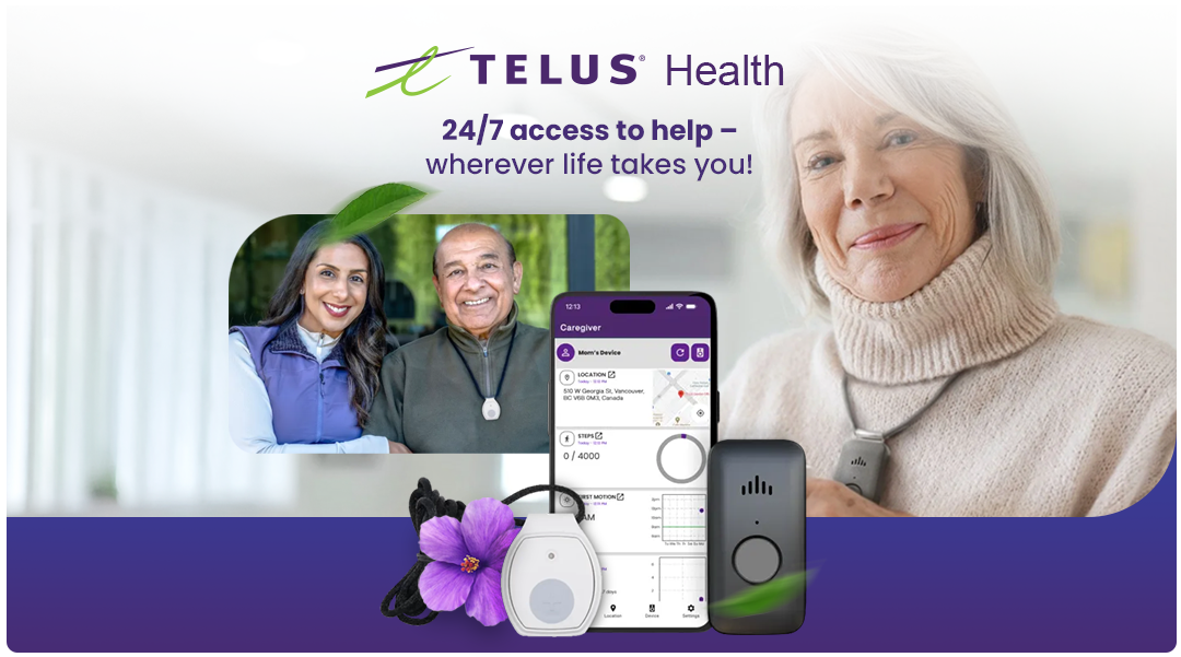 TELUS Health banner featuring a smiling senior woman with health devices and a phone app, promoting 24/7 access to help wherever life takes you.