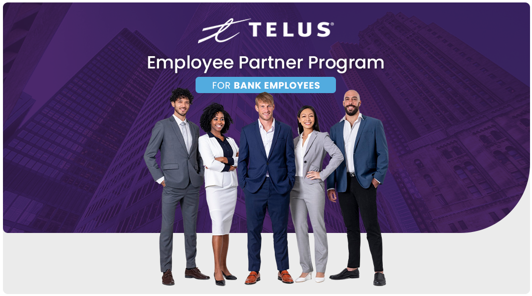 Telus Employee Partner Program banner with five diverse professionals in front of a purple cityscape, for bank employees.