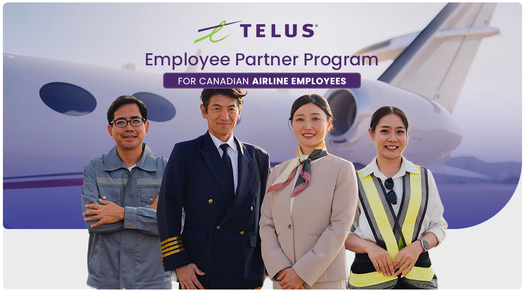 Group of diverse airline staff posing in front of a jet, promoting TELUS Employee Partner Program for Canadian airline employees