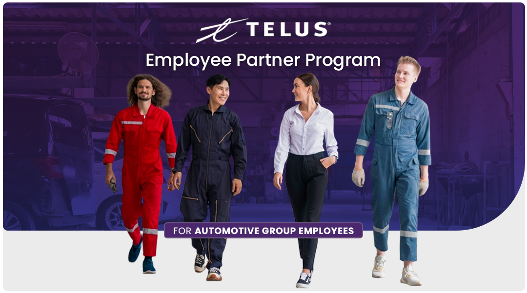 TELUS Employee Partner Program banner with four automotive workers walking in a workshop under a purple overlay