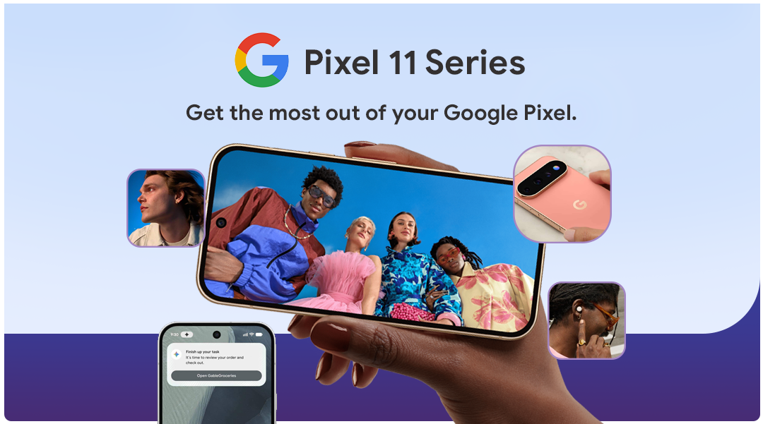 Pixel 11 Series promotional banner with a hand holding a curved phone showing a group photo, surrounding rounded icons on a blue gradient background and the 'Pixel 11 Series' branding.